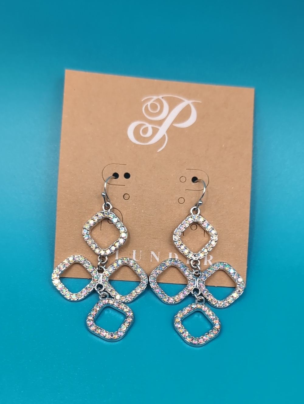Plunder Earrings Sparkly Dangles in Silver Tone with Multicolor Rhinestones NEW!